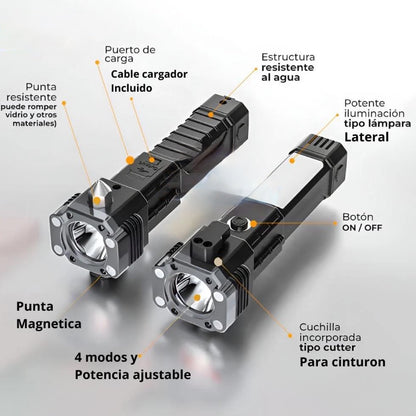 LINTERNA TÁCTICA DE SEGURIDAD 4 EN 1 RECARGABLE